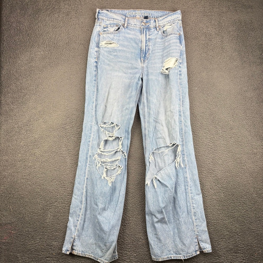 American Eagle Super High Rise Baggy Wide Leg Distressed Jeans Light Wash Size 4